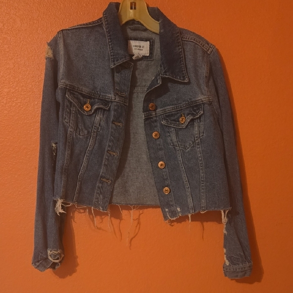 Forever 21 Blue Distressed Crop Jean Jacket - Picture 1 of 5